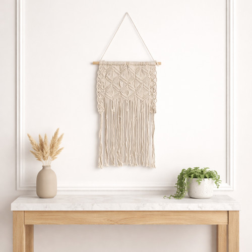 16667-01#Wood, 18" Macrame Wall Shelf, Ivory