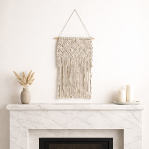 16667-01#Wood, 18" Macrame Wall Shelf, Ivory