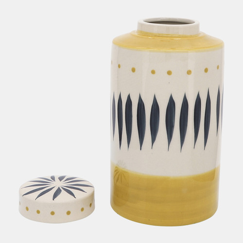 16686-01#Cer, 10"h Tribal Jar W/ Lid, Yellow