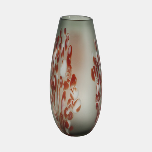 16692-01#Glass, 17''h, Frosted Vase With Red Detail-gray
