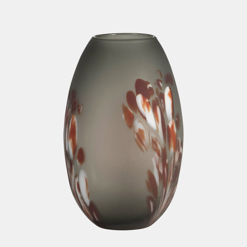 16692-02#Glass, 12''h, Frosted Vase With Red Detail-gray