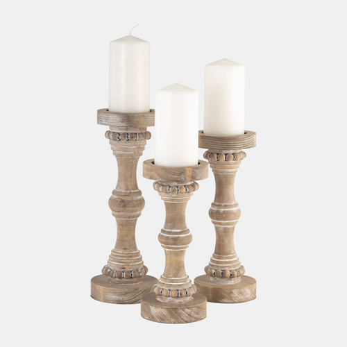 14498-12#Wood, 11" Banded Bead Candle Holder, Antique White