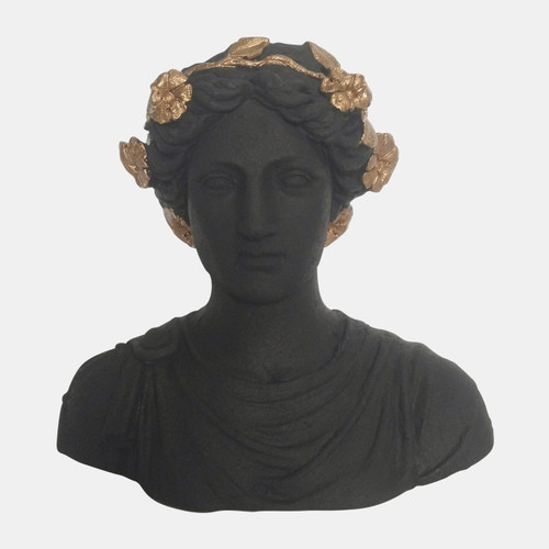 16755-01#Resin, 15"h Flower Lady Bust Planter, Black/gold