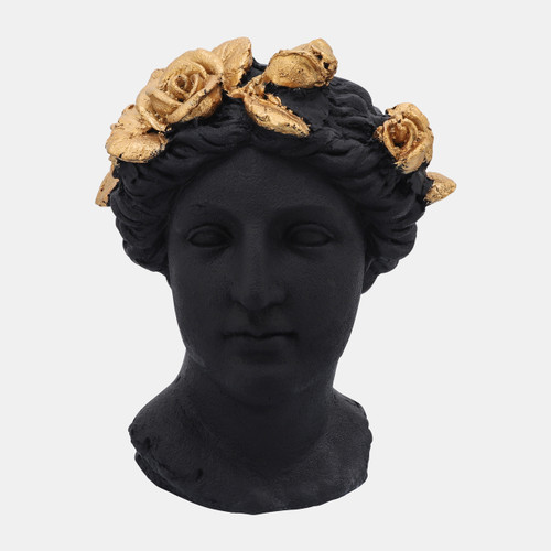 16755-04#Resin, 16"h Roses Lady Head Planter, Black/gold