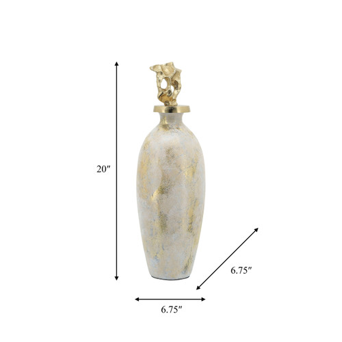 16767-02#Glass, 20"h Metal Vase Tribal Topper,  White/gold