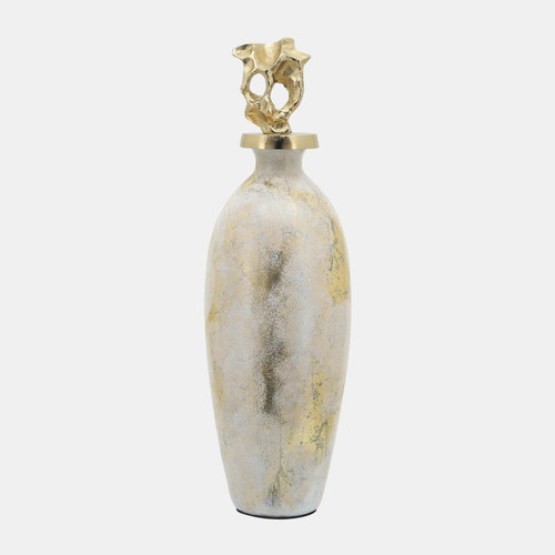 16767-03#Glass, 23"h Metal Vase Tribal Topper,  White/gold