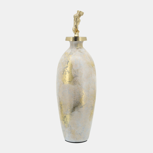 16767-03#Glass, 23"h Metal Vase Tribal Topper,  White/gold