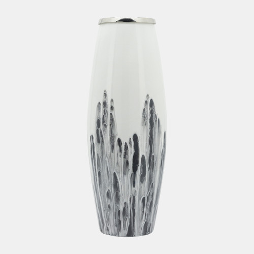 16768-02#Glass, 24"h Vase W/ Metal Ring, White