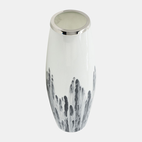 16768-02#Glass, 24"h Vase W/ Metal Ring, White