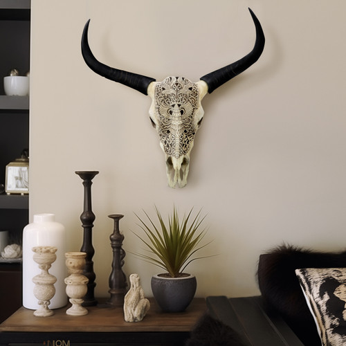 16805#Resin, 28" Bull Skull Wall Accent, Ivory/black Kd