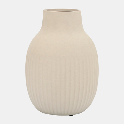16814-01#Cer, 9"h Ridged Bulbous Vase, Ivory