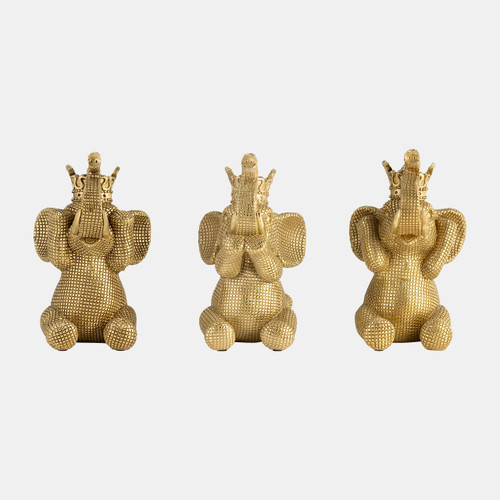 16844#Resin, S/3 8" No Evil Elephants, Gold