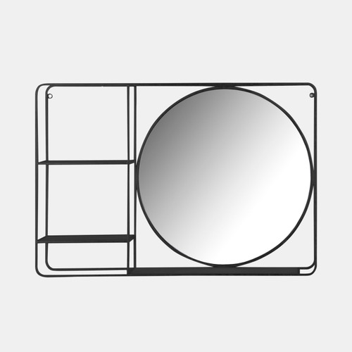 16880-01#Metal/wood 30"lwall Shelf With Mirror, Black