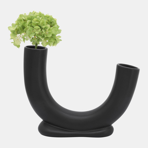 16911-01#Cer, 8"h U-shaped Vase W/ Base, Black