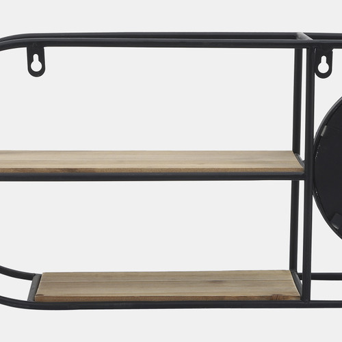 16924-01#Metal/wood, 23"l Oval Wall Shelf W/ Mirror, Black/