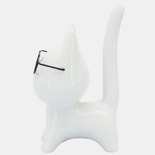 16931#Porcelain, 8"h Kitty W/ Glasses, White
