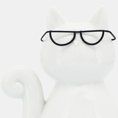 16932-01#Porcelain, 8"h Cat W/ Glasses, White
