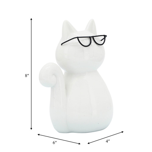 16932-01#Porcelain, 8"h Cat W/ Glasses, White