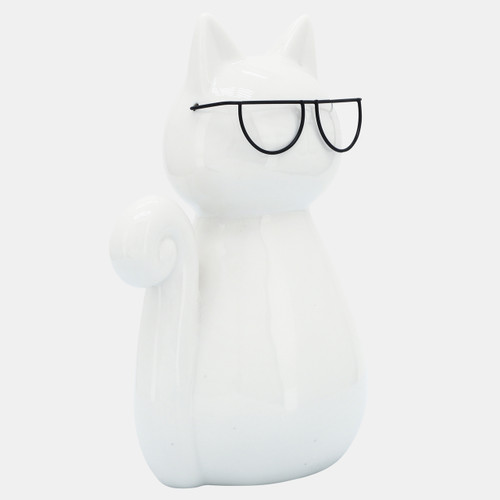 16932-02#Porcelain, 7"h Cat W/ Glasses, White