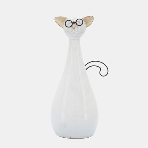 16941-01#Cer, 10"h Chubby Cat W/ Glasses, Beige