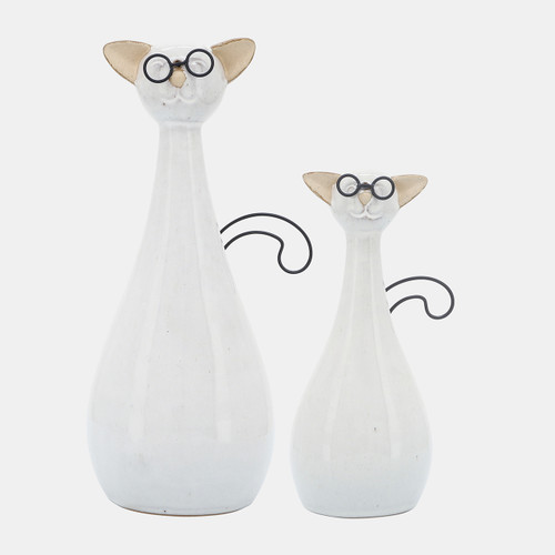 16941-01#Cer, 10"h Chubby Cat W/ Glasses, Beige