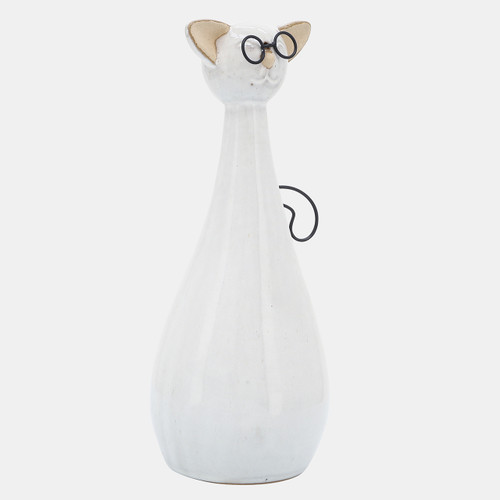 16941-01#Cer, 10"h Chubby Cat W/ Glasses, Beige