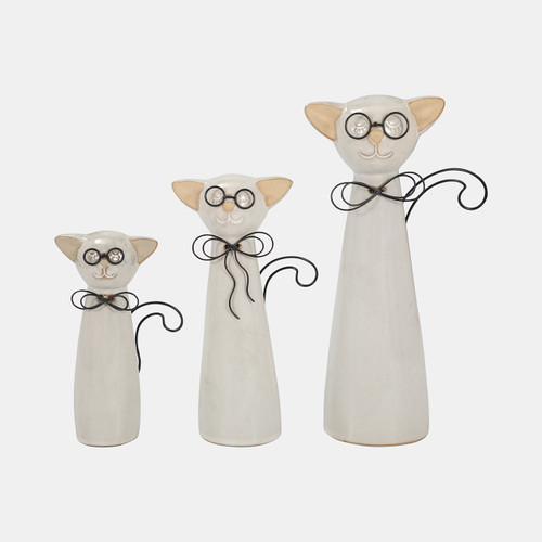 16942-03#Cer, 7"h Cat W/ Glasses, Beige