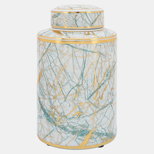 15402-04#Ceramic 12" Jar With Gold Lid, Green