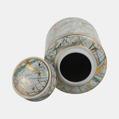 15402-04#Ceramic 12" Jar With Gold Lid, Green