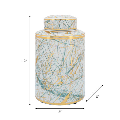 15402-04#Ceramic 12" Jar With Gold Lid, Green