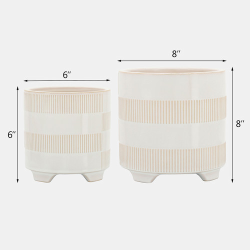 14504-26#Cer, S/2 6/8" Textured Footed Planters, Beige