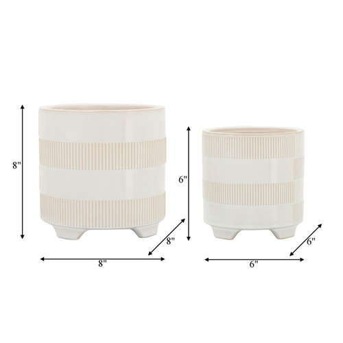 14504-26#Cer, S/2 6/8" Textured Footed Planters, Beige