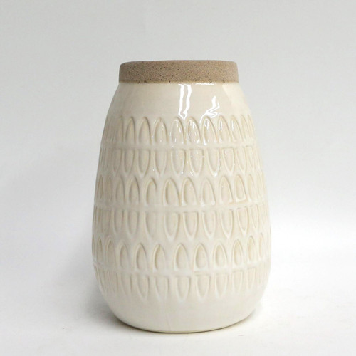 16945-03#Cer, 8"h Carved Vase, Beige