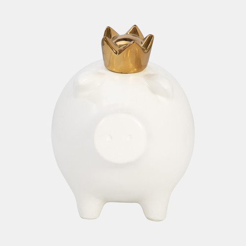 16955-01#Cer, 8" Pig With Crown, White