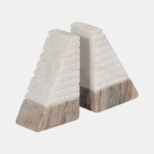 15977-04#S/2 Marble 6"h Pyramid Bookends, White/onyx