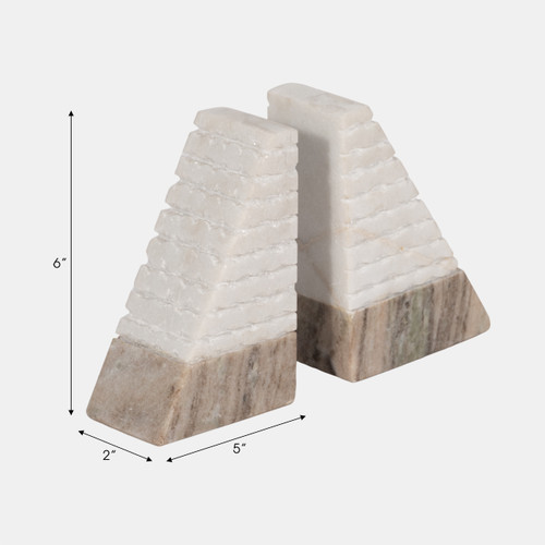 15977-04#S/2 Marble 6"h Pyramid Bookends, White/onyx
