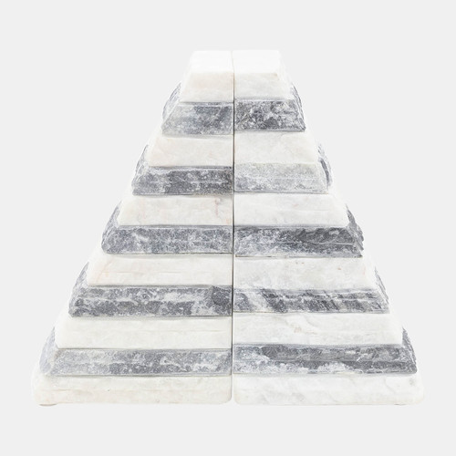 15977-05#S/2 Marble 7"h Pyramid Bookends, White/gray