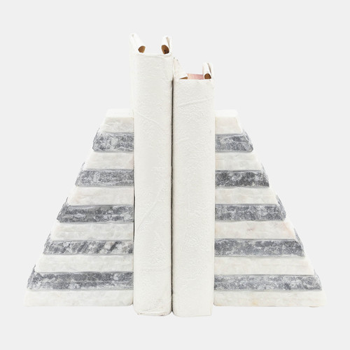 15977-05#S/2 Marble 7"h Pyramid Bookends, White/gray