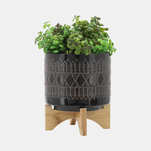 15036-11#Cer, S/2 5/8" Aztec Planter On Wooden Stand, Black