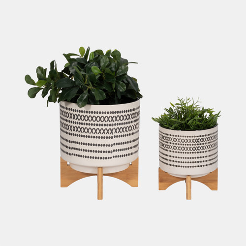 15801-04#S/2 8/10" Aztec Planter W/ Wood Stand, Gray