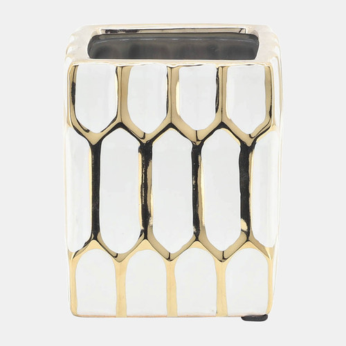 16981-05#Cer, 4"h Pen Holder, White/gold