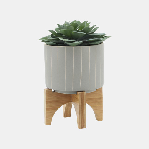 16100-04#Cer, S/2 5/8" Stripes Planter W/ Stand, Tan