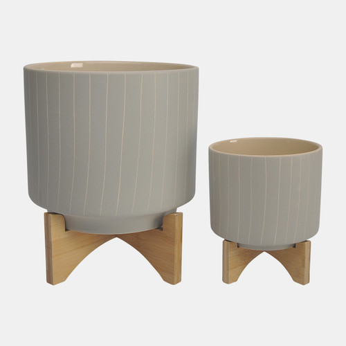 16100-05#Cer, S/2 8/10" Stripes Planter W/ Stand, Tan