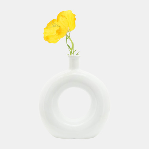 17024-01#Cer, 8"h Round Cut-out Vase, White