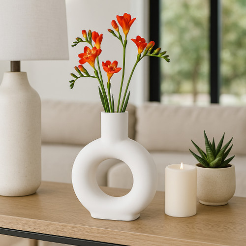 17054-01#Cer, 9" Round Cut-out Vase, White