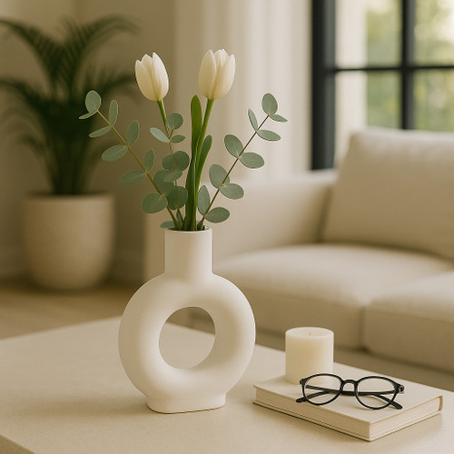 17054-01#Cer, 9" Round Cut-out Vase, White