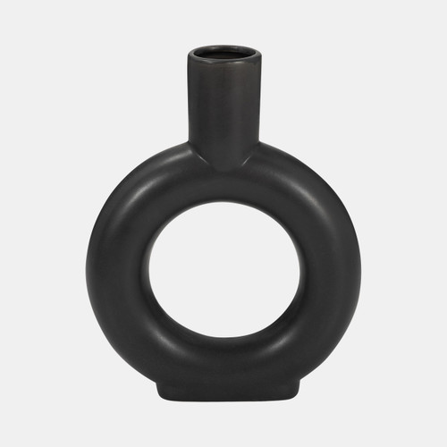 17054-02#Cer, 9" Round Cut-out Vase, Black