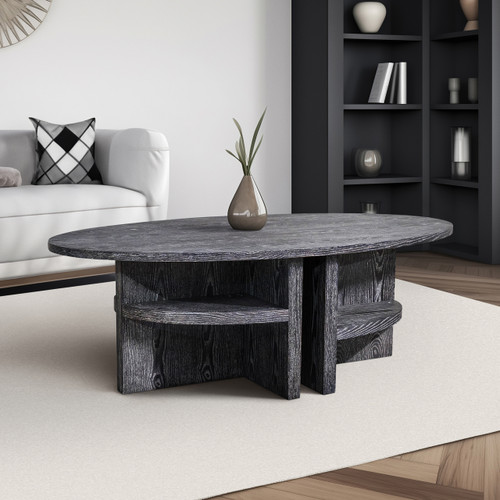 17099#Oval Coffee Table With Bottom Shelves, Gray