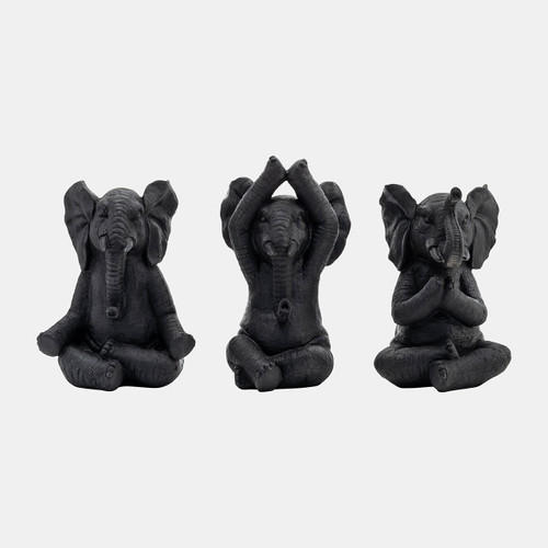 17103-03#Resin, S/3, 8"h, Yoga Elephants, Blk