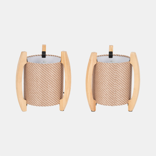 50718-01#Wood,s/2,11"h, Cylnder Tripod Tbl Lamps,kaki